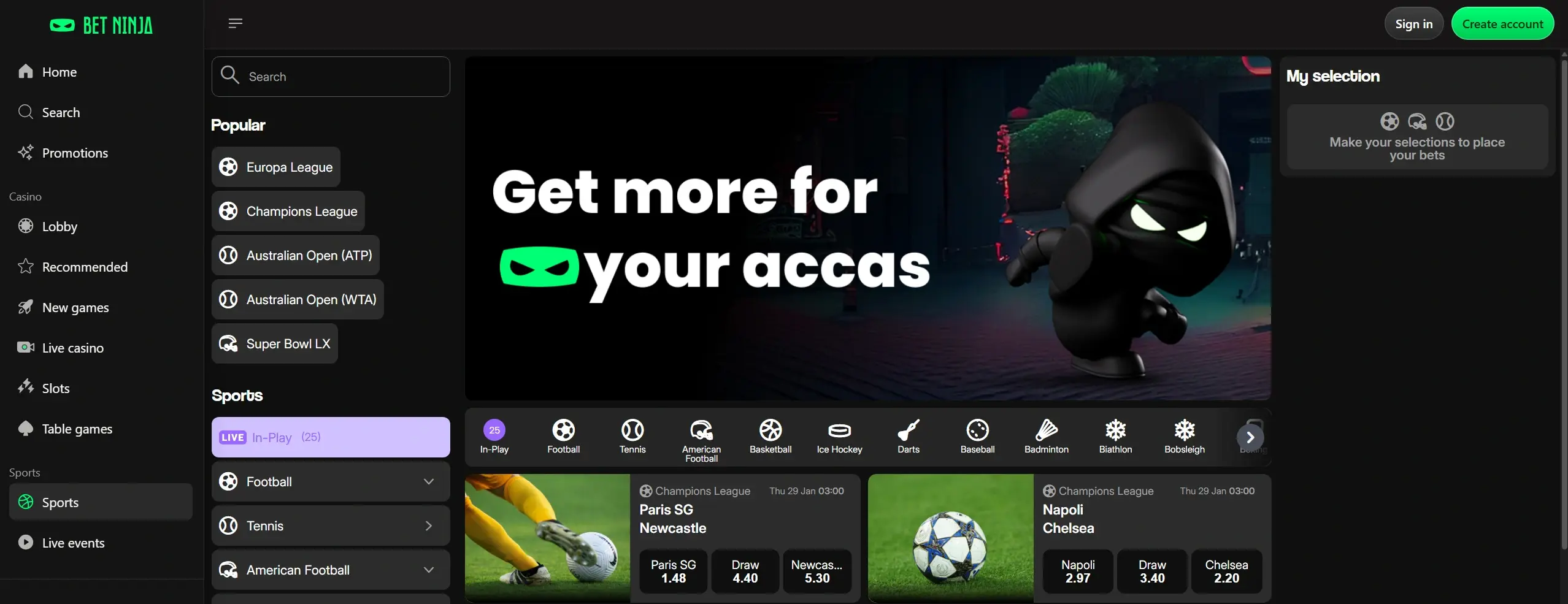 Bet Ninja sportsbook homepage showing sports betting options and site navigation