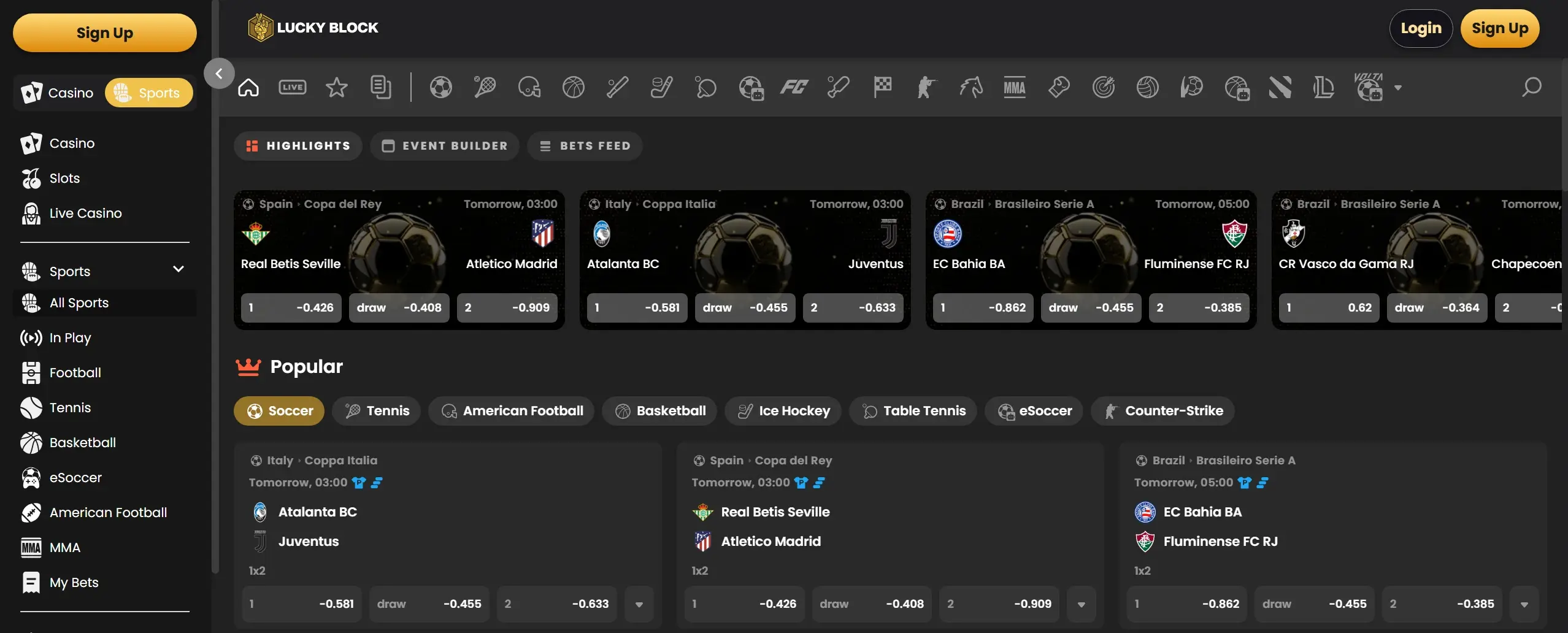 Lucky Block sportsbook homepage featuring football betting listings and sports navigation